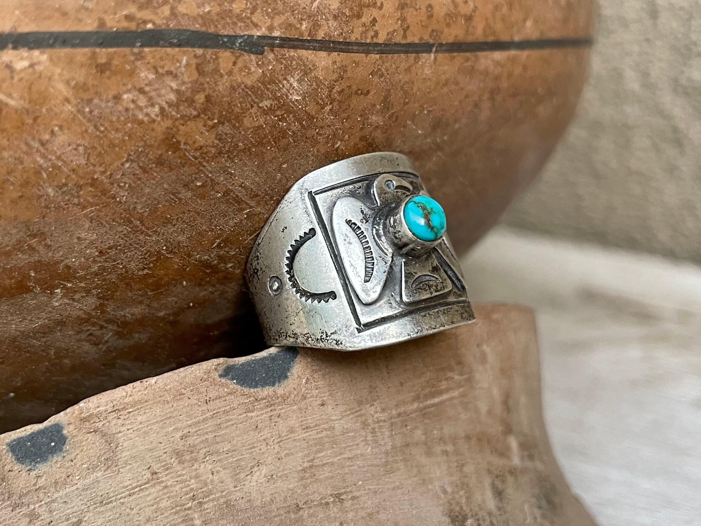 Fred Harvey Era Vintage Turquoise Ring Thunderbird Size 8.5 Fred Harvey Era Vintage Turquoise Ring Thunderbird Size 8.5