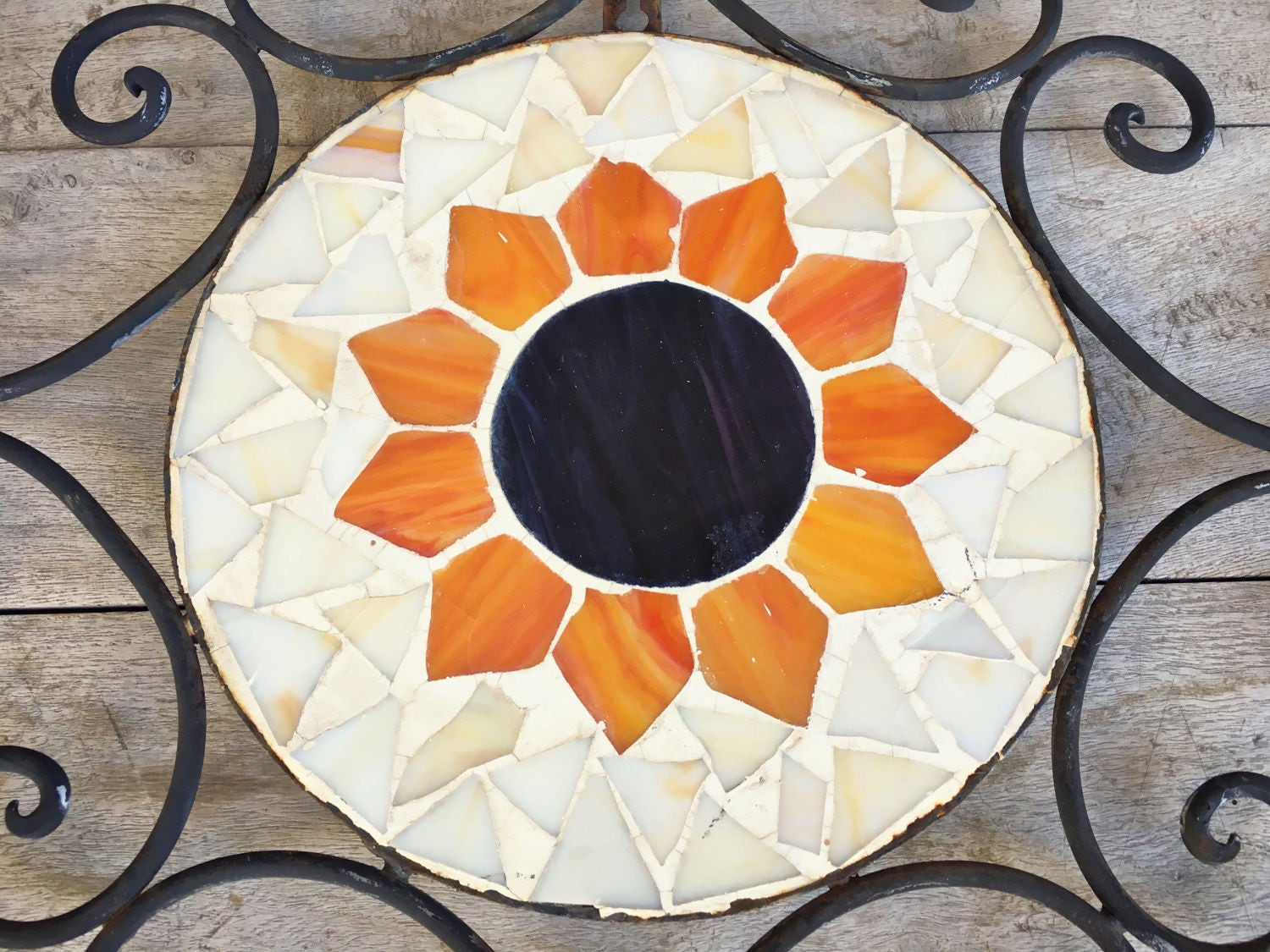 Mexican iron mosaic tile wall hanging, vintage tile mosaic sun