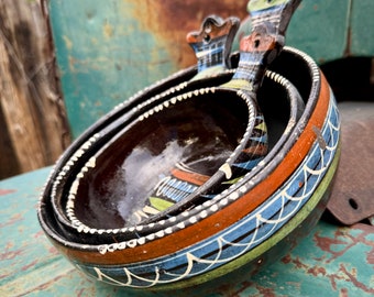 Old Mexican Pottery Round Dishes with Handle Nesting Bowls Tlaquepaque, Southwestern Decor