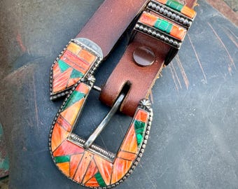 Zuni Zora Joe Ranger Buckle Spiny Oyster Malachite Inlay, Skinny Belt Size 26.5" to 32" Waist