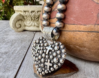 Large Sterling Silver Heart & Cross Pendant by Della Wylie w/ Navajo Pearls Necklace 24"