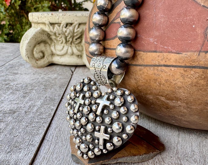 Featured listing image: Large Sterling Silver Heart & Cross Pendant by Della Wylie w/ Navajo Pearls Necklace 24"