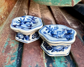 Vintage Pair Blue White Ceramic Pedestal Stands, Cherub Design, Pier One Style
