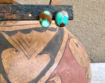 Simple Navajo Sterling Silver Turquoise Post Earrings Signed JF, Small Oval Posts
