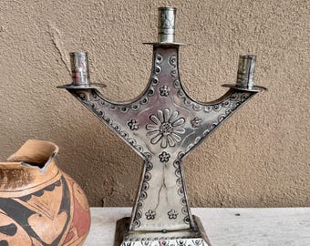 Vintage Mexican Tin Candelabra 14.5" Tall, Three Candle Stick Holders, Southwestern Table