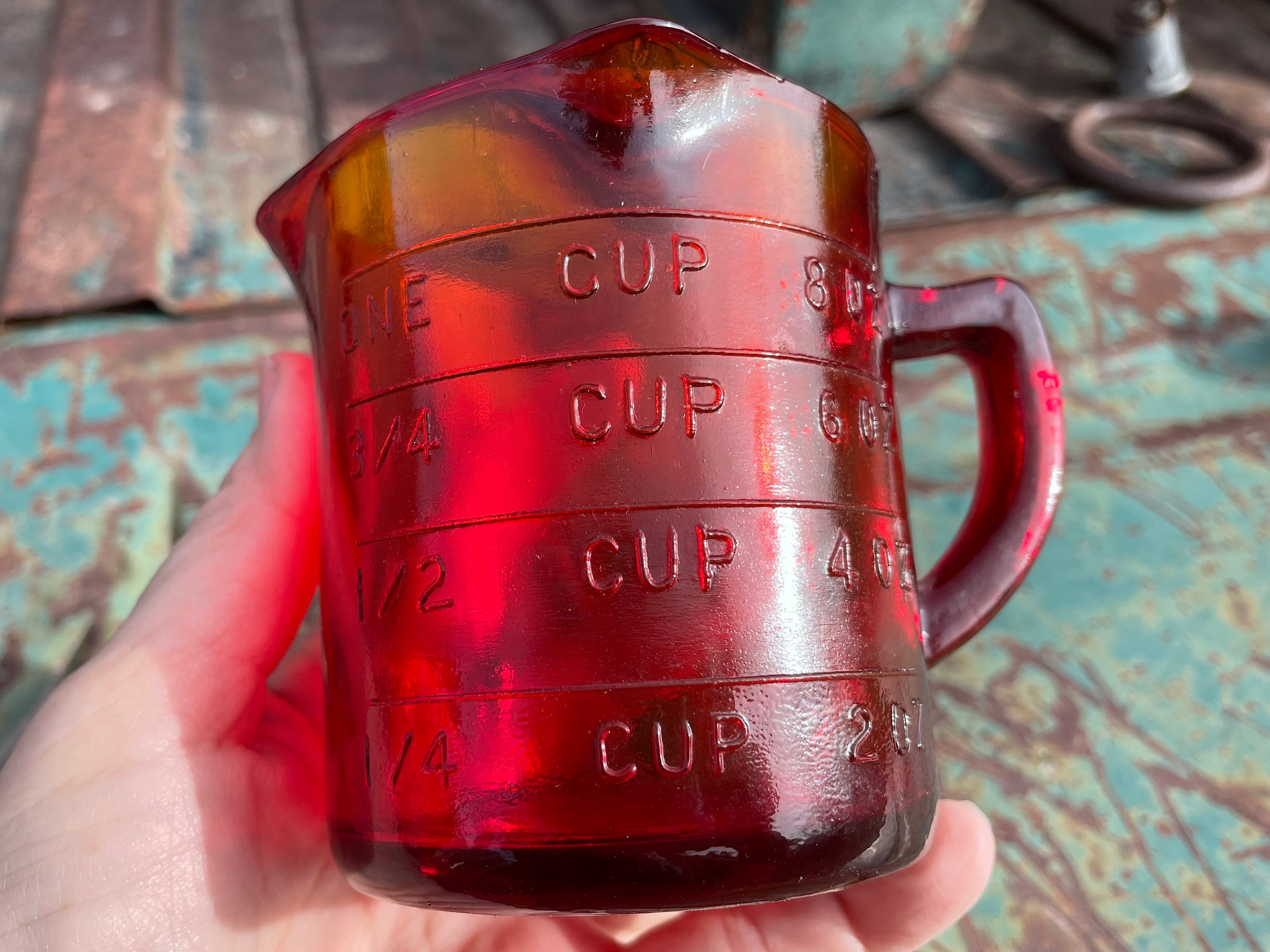 Vintage Heat Proof Glass 1 Pint Liquid Glass Measuring 2 Cup With D Handle  and Red Letters, Heat Proof Vintage Measuring Cup 