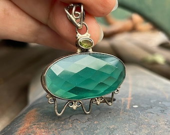Large 925 Faceted Emerald Green Color Glass or Gemstone Pendant in 925 Sterling Silver Frame