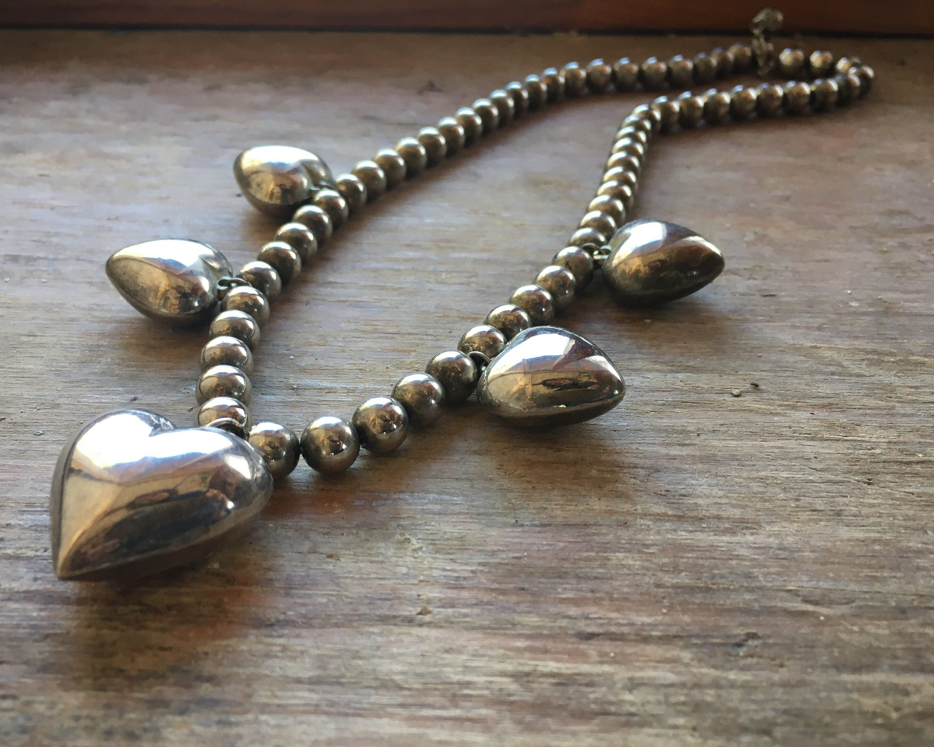 Mexican Silver Bead and Puffy Heart Necklace for Women, Friendship 