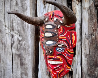 Vintage Carved Painted Wood Devil Wall Hanging, Real Horns, Folk Art