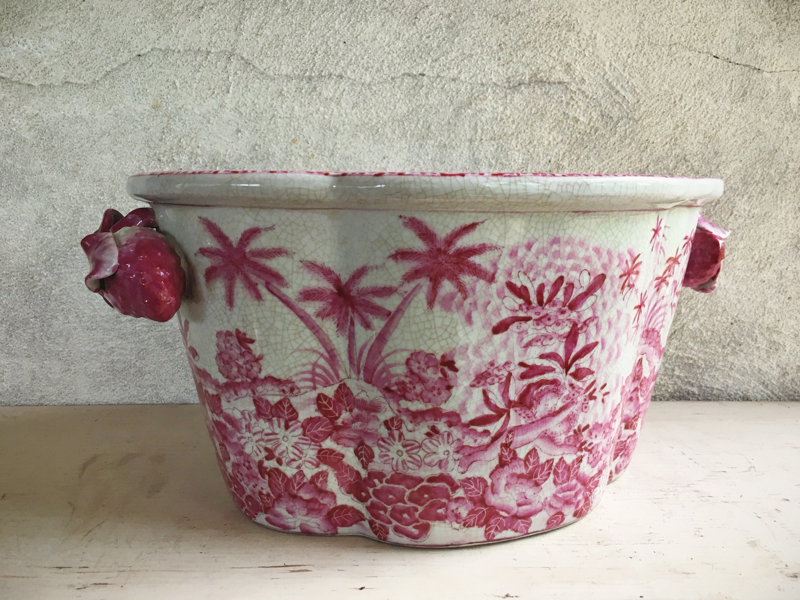 1970s Vintage Chinese Footbath Bowl Planter Pink and White