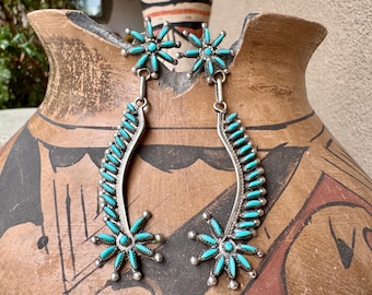 Vintage Zuni Turquoise Needlepoint Post Earrings w/ Spur Dangles 3", Native American Jewelry