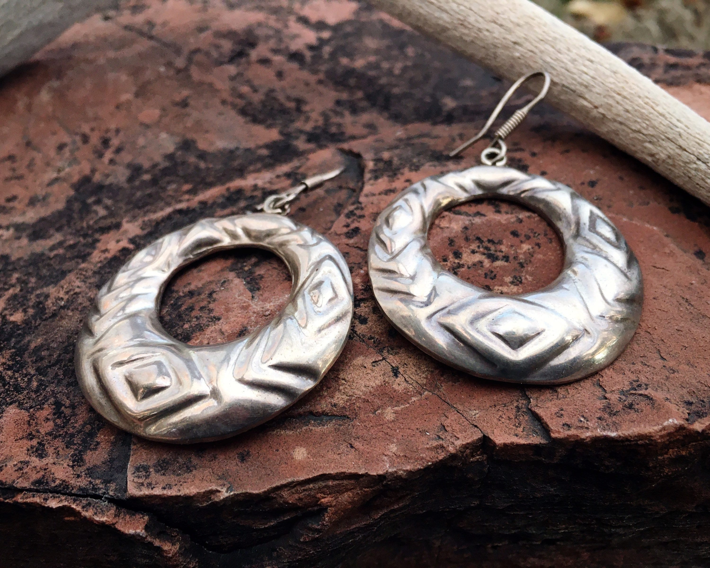 Vintage Taxco Earrings Sterling Silver Repousse Dangle Hoops, Mexican