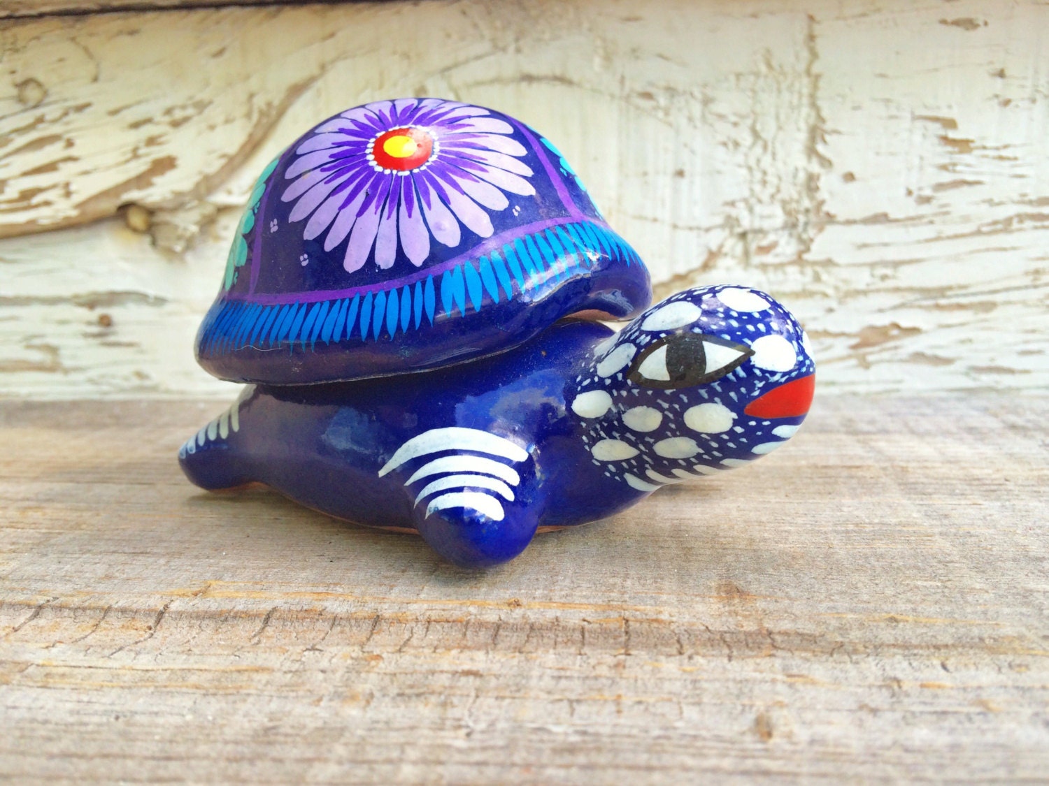 Vintage Guerrero colorful ceramic turtle trinket box, Mexican pottery