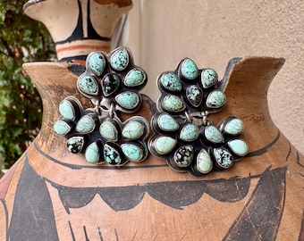 Southwestern Sterling Silver Spiderweb Turquoise Cluster Dangle Earrings