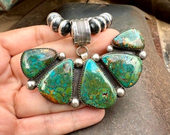 Navajo Alvin Joe Large Wide Turquoise Sterling Silver Pendant on Silver Disc Bead Necklace 18"