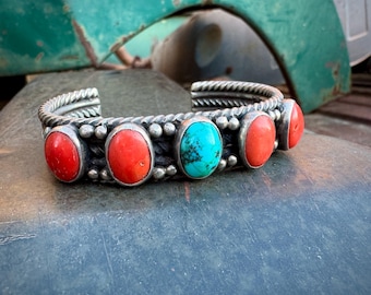 Five Stone Turquoise Coral Row Bracelet Approx Size 6.75 62g, Navajo Old Pawn