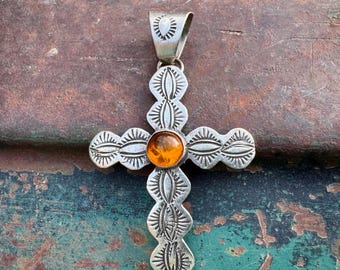Vintage Sterling Silver Amber Cross Pendant by Victor Hicks, Mother's Day Gift Faith