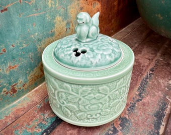 Vintage Reticulated Porcelain Lotus Incense Burner Celadon Glaze, Signed Under Lid