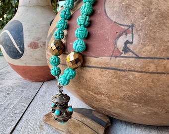 Vintage Carved Turquoise Bead Necklace 17" Tibetan Silver Tone Pendant