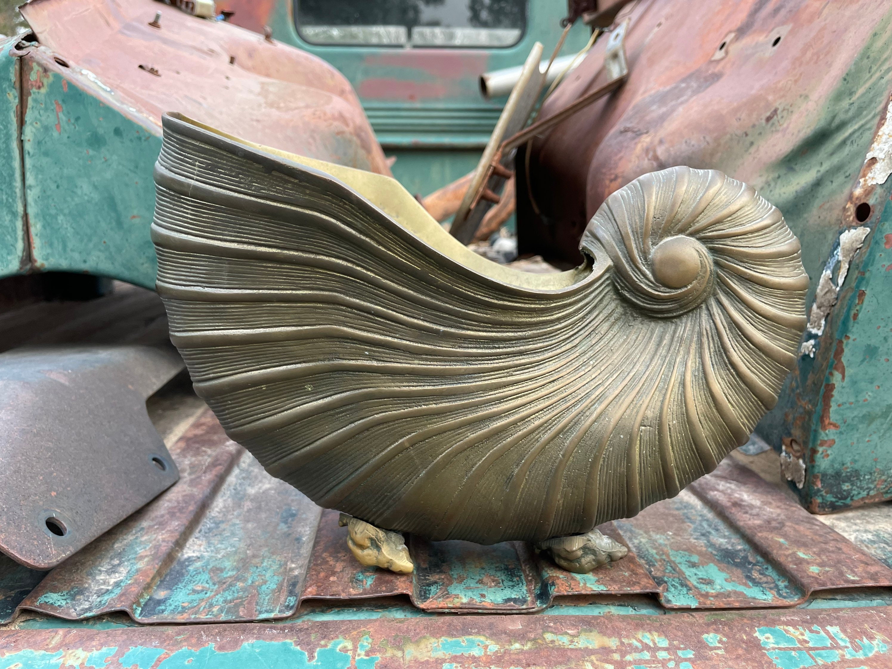 Brass Nautilus Seashell Planter Cachepot with Shell Feet, Large