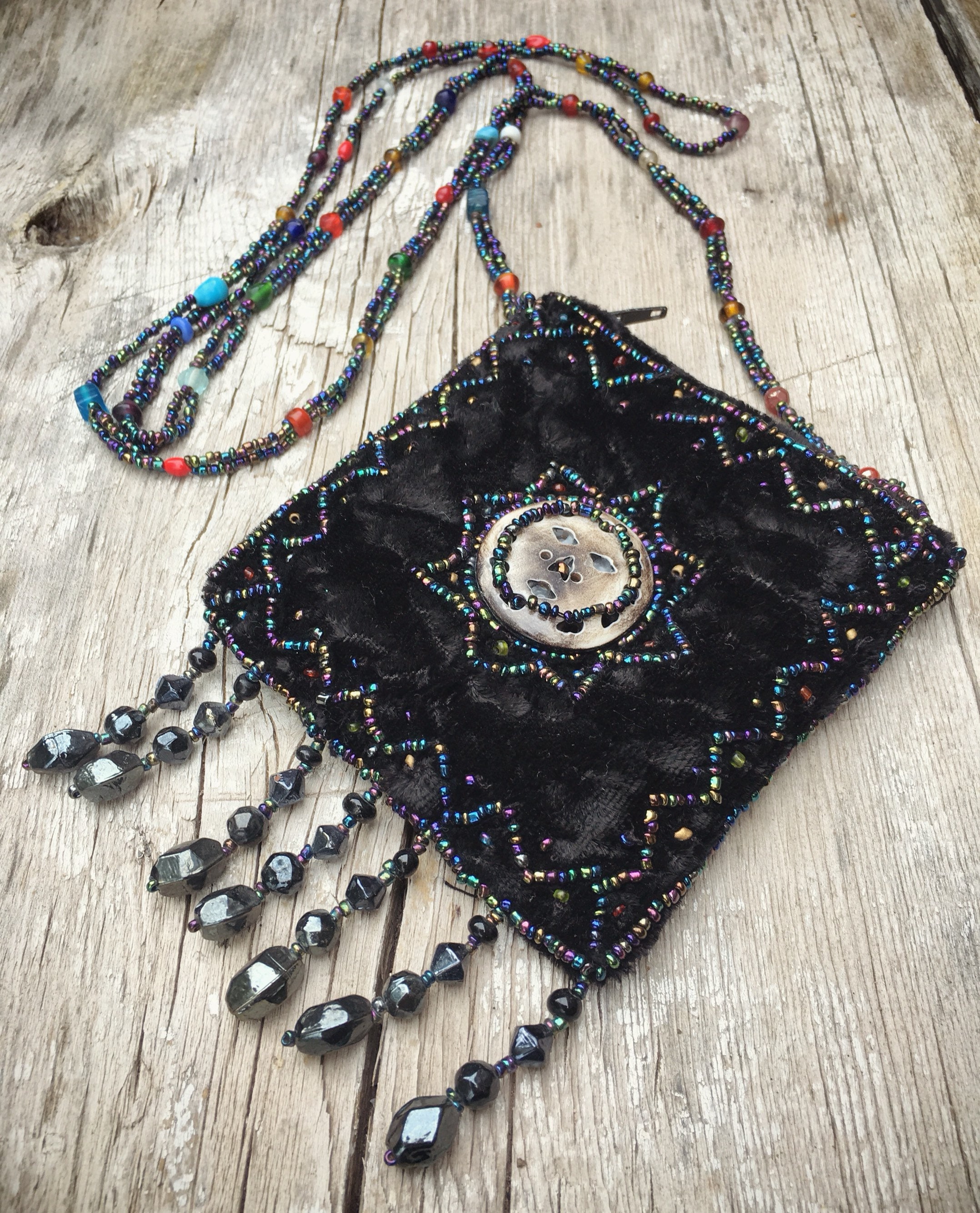 Vintage Beaded Black Velvet Medicine Bag Tribal Necklace Purse, Gift