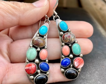 Vintage Navajo Emer Thompson Turquoise Multi-Stone Dangle Earrings, Authentic Native American