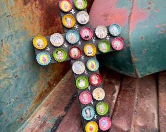All Saints Bottle Cap Cross Wall Hanging, Mexican Religious Folk Art