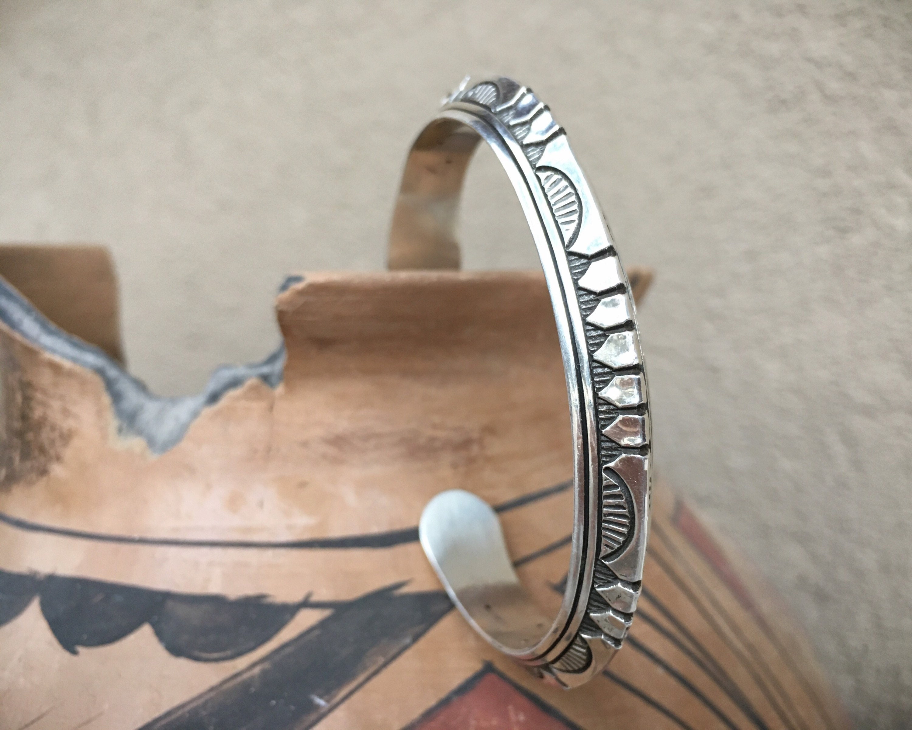 Signed Navajo Sterling Silver Stacking Bracelet for Women, Native
