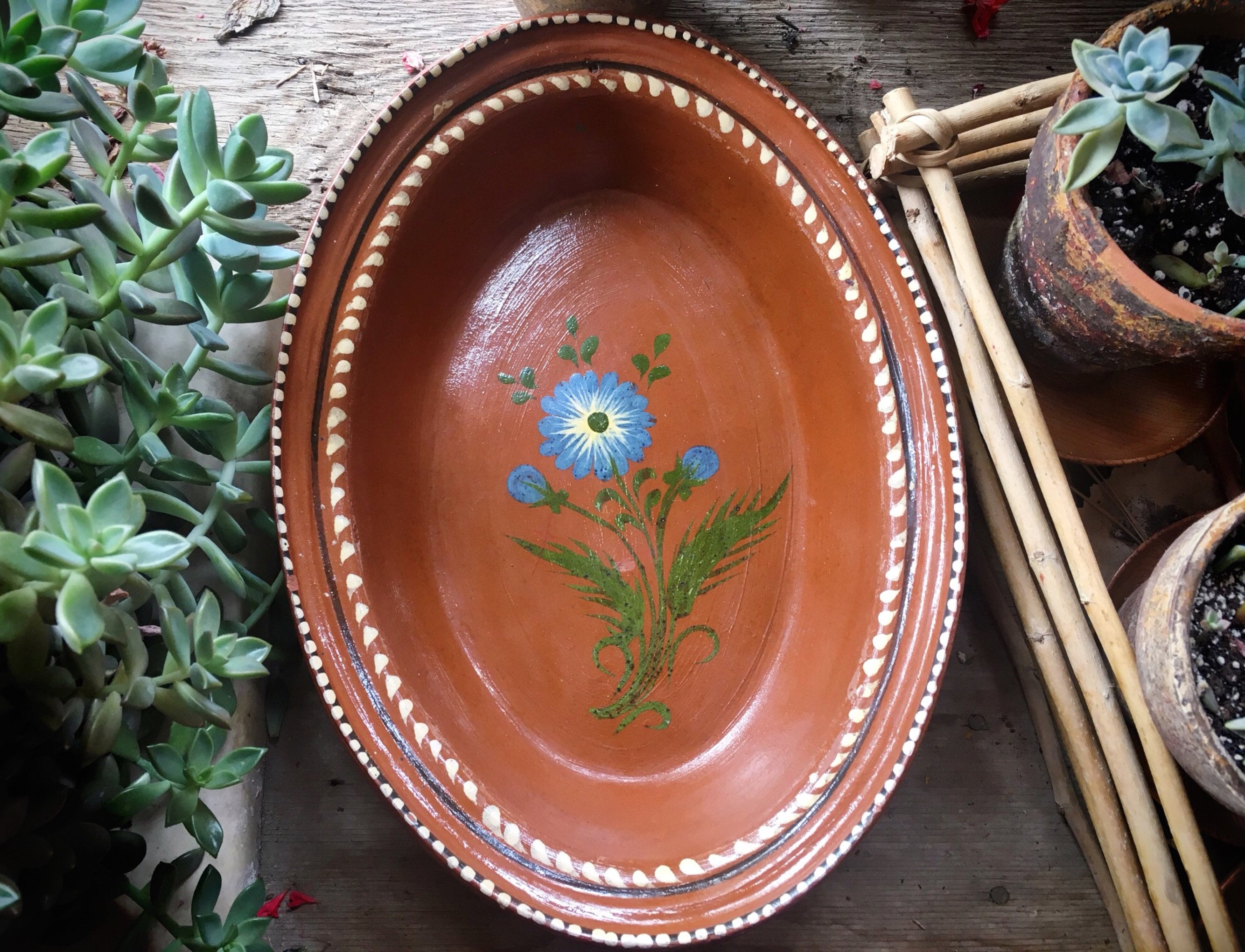 Mexican Pottery Oval Dish Blue Flower Decor Capula ...