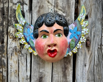 Carved Wood Chubby Cheek Angel with Wings Wall Hanging, Mexican Folk Art