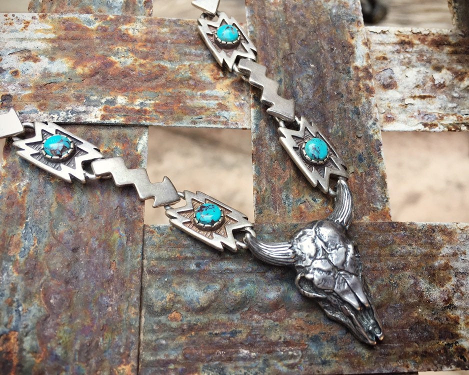 Fred Harvey Era Sterling Silver Steer Turquoise Necklace on Heavy