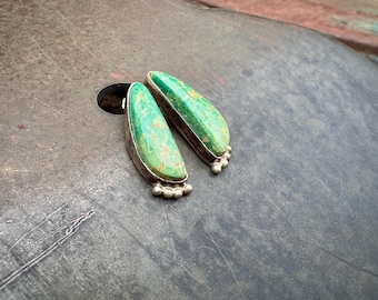Navajo Jefferson Abeyta Green Turquoise Sterling Silver Post Earrings, Medium Small