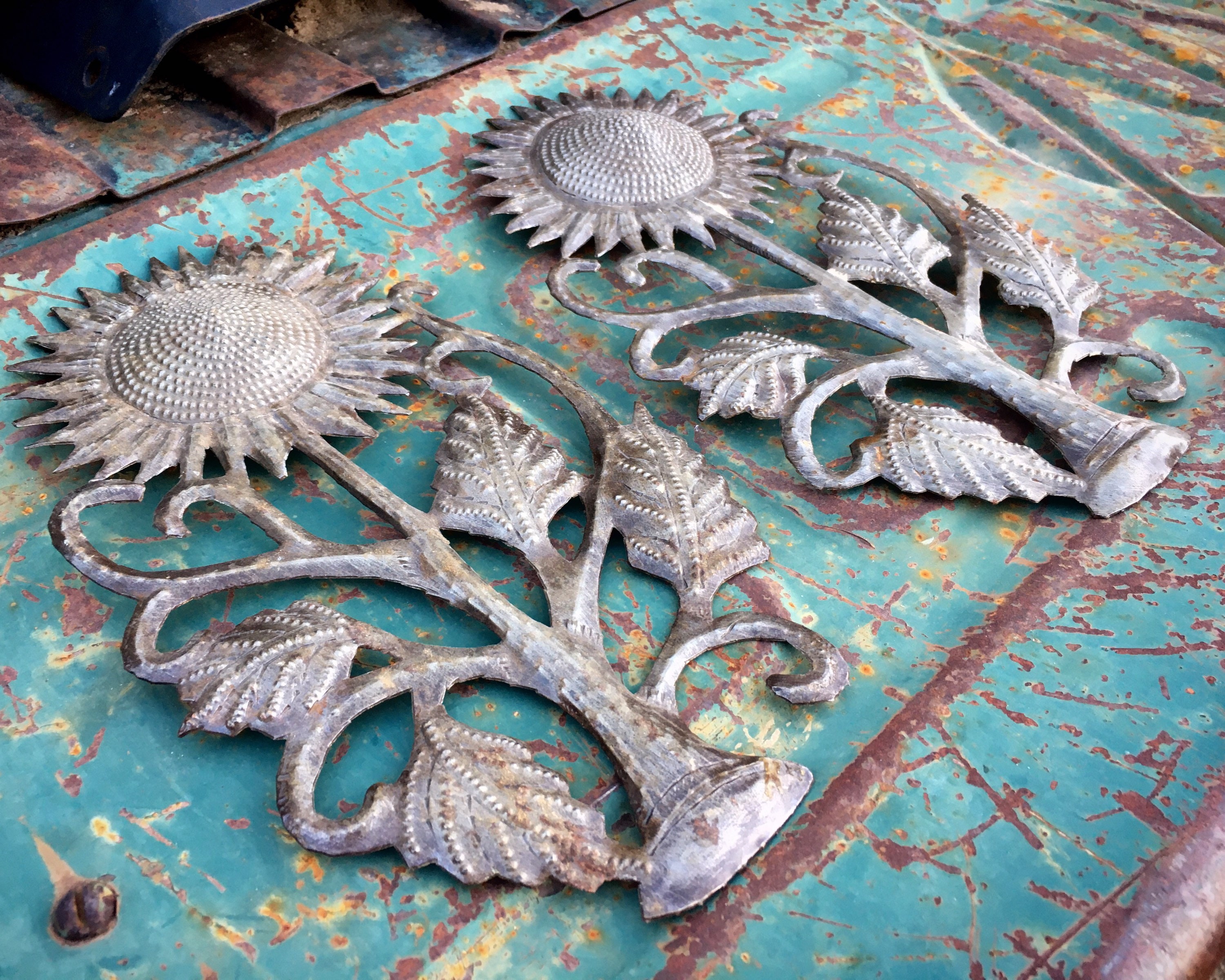 Pair of Haitian Steel Drum Folk Art Wall Hangings Sunflower Design