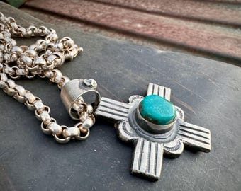 Chimney Butte Sterling Silver Turquoise Zia Pendant on Approx 18" Rolo Chain Necklace