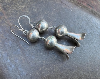Sterling Silver Squash Blossom Earrings, Dangle to Approx 2" Long