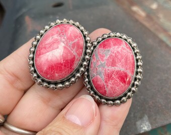 Vintage Pink Rhodochrosite Sterling Silver Clip-On Earrings for Non-Pierced Ears, Mexican Jewelry