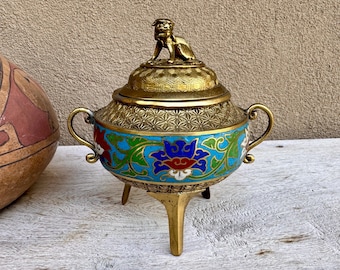 Vintage Enamel Cloisonné Lidded Incense Burner with Foo Dog Design
