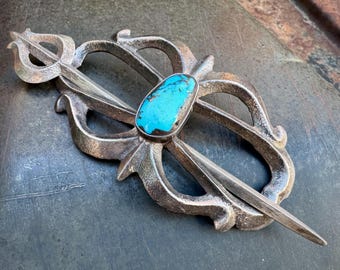Vintage Silver Sandcast Turquoise Slide with Hair Stick, Navajo Style Barrette