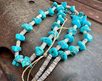 Vintage Necklace Faux Turquoise w/ Shell Heishi, Southwester Jewelry, Bohemian Layering Style