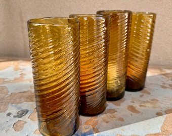 Four Vintage Amber Colored Mexican Glass Tumblers Hand Blown Swirled Narrow, Southwestern