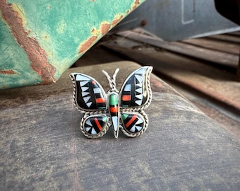 Vintage Multi-Stone Inlay Ring Butterfly Design Size 5.5, Black Onyx MOP