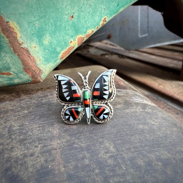 Vintage Multi-Stone Inlay Ring Butterfly Design Size 5.5, Black Onyx MOP