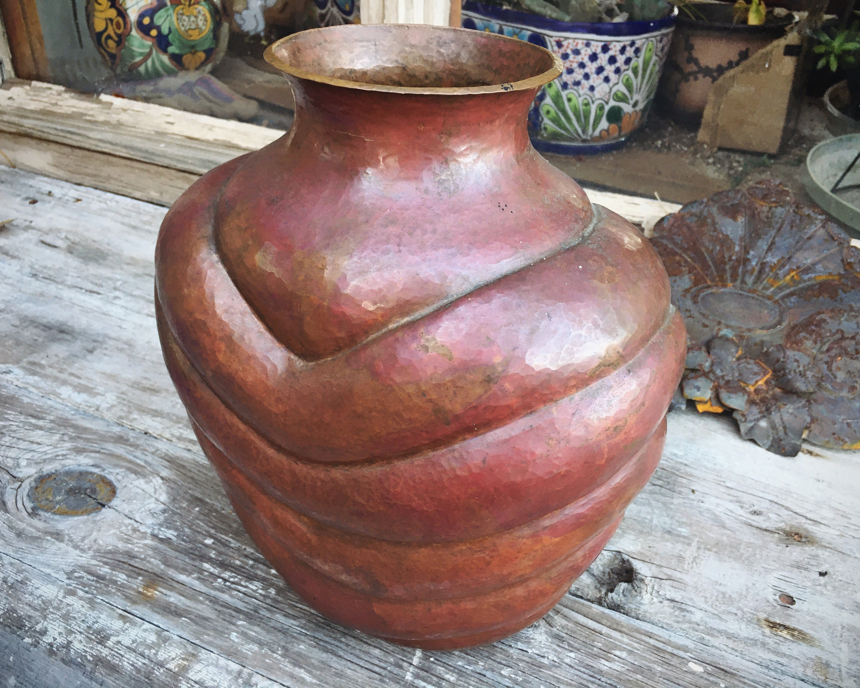 Vintage 12 Tall Hammered Copper Vase from Santa Clara de Cobre Mexico, Rustic Southwestern Decor