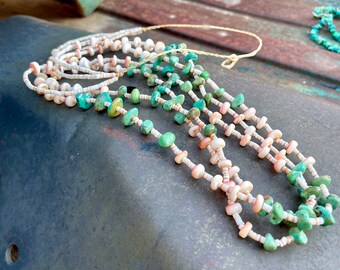 Vintage Three-Strand Turquoise Spiny Oyster Heishi Necklace w/ Tied Off Twine Closure
