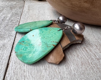Vintage Large Natural Turquoise Slab Earrings Sterling Silver Posts, Southwestern Jewelry