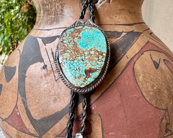 Vintage Natural Turquoise Navajo Bolo Tie (Distressed Leather Lariat), Native American Necktie