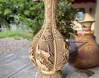1981 Intricate Resin Design on Brass Vase Taiwan Import, Chipped at Base, Chinoiserie Decor