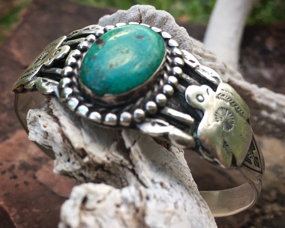 Fred Harvey Era Sterling Silver Thunderbird Turquoise Cuff