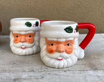 Pair of Vintage Santa Claus Face Coffee Cups, Christmas Decorations, Cocoa Mugs