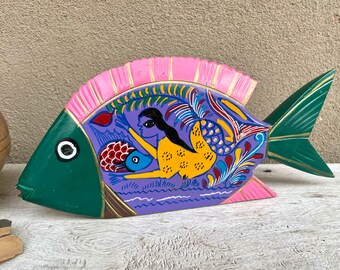 Mexican Folk Art Wood Carved Fish, Colorful Painted Statue Pink and Purple, Shelf Display